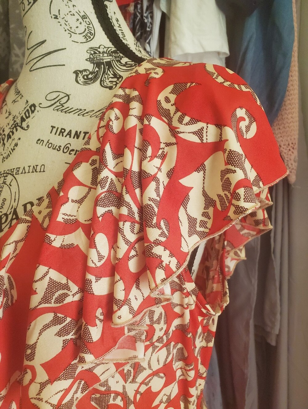 Vintage Ruffle Bodice Crepe Damask Print Off Shoulder Maxi - Picture 5 of 6